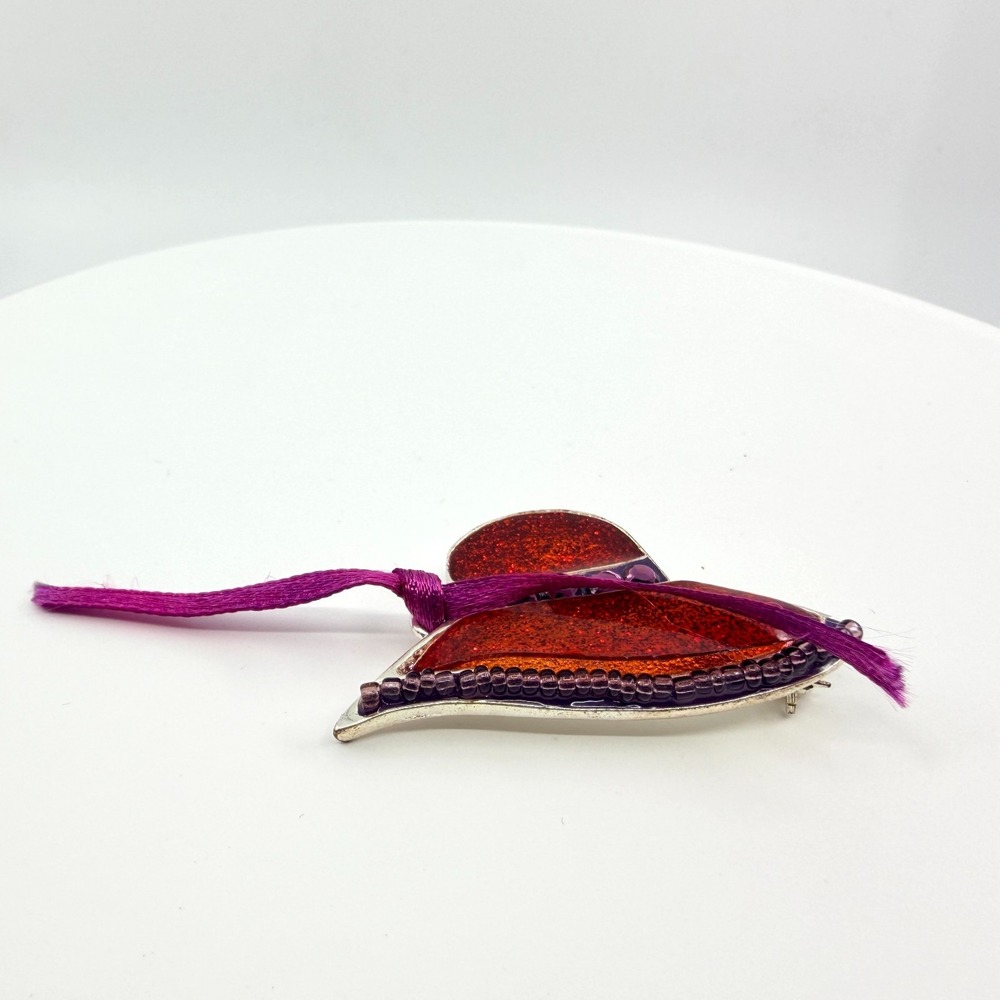 Vintage Chico's Red Glitter Enamel Sun Hat Brooch Purple Ribbon Beaded Pin
